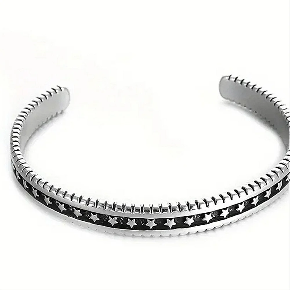 NEW Unisex Engraved Black & Silver Star Cuff Bracelet, Adjustable‎